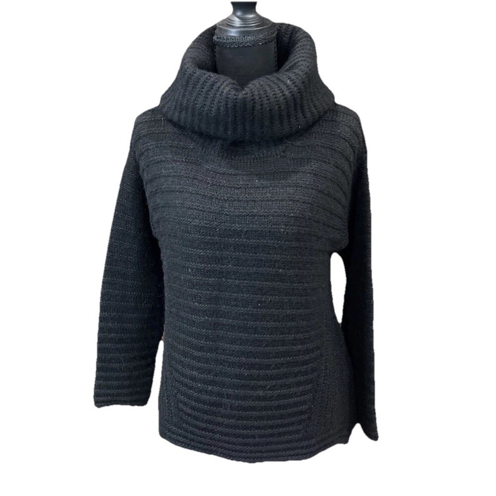 Massimo Dutti Womens Black Wool Blend Chunky Sweater High Neck Top Made In Spain